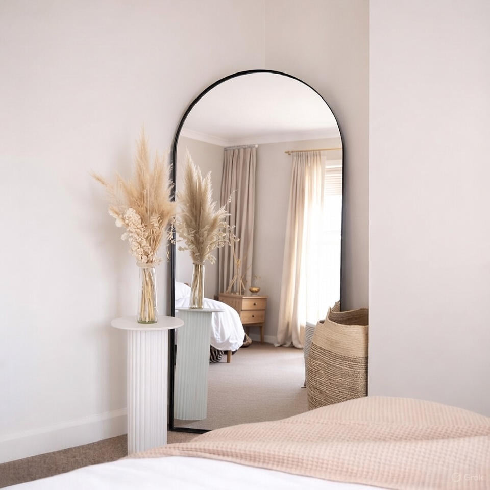 Elegant Arched Floor Mirror in Black Metal Frame