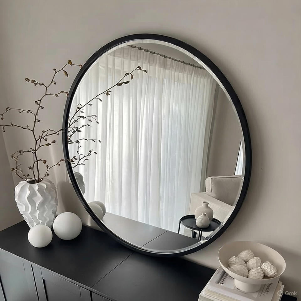 Modern Round Wall Mirror with Black Metal Frame