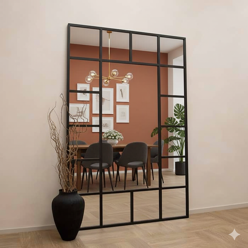 Industrial Full-Length Metal Window Mirror – Black