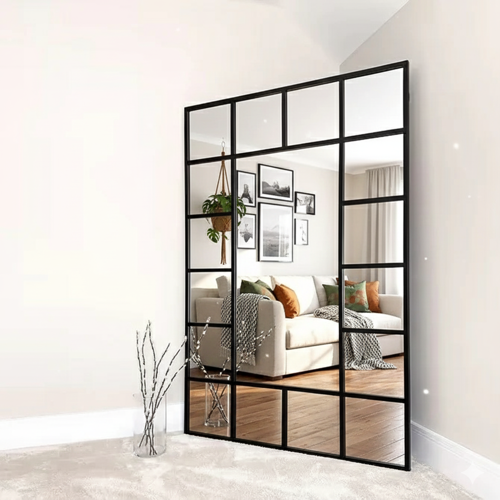 Industrial Full-Length Metal Window Mirror – Black
