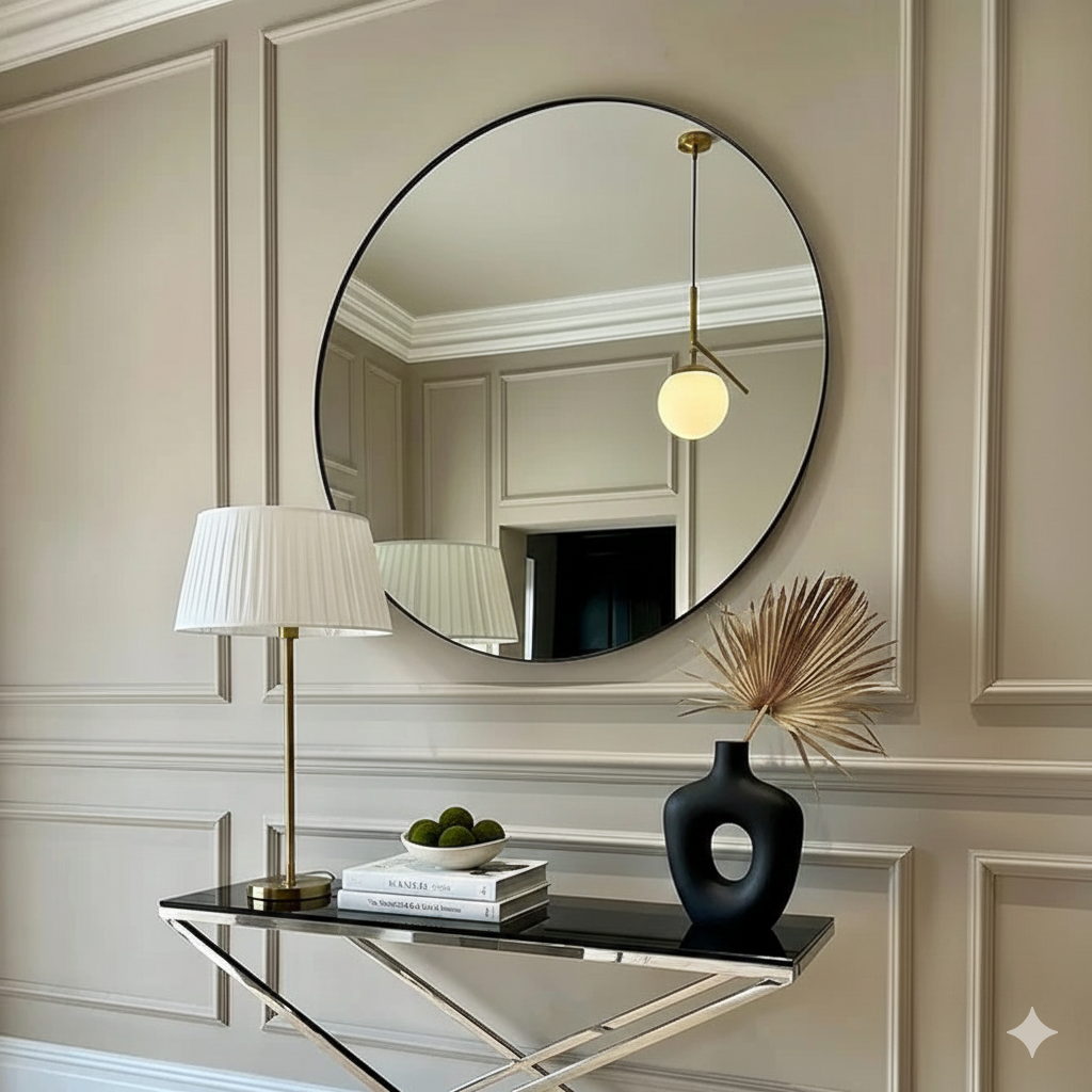 Modern Round Wall Mirror with Black Metal Frame