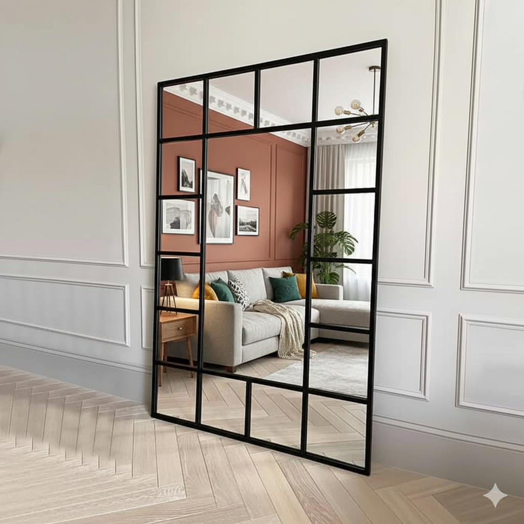 Industrial Full-Length Metal Window Mirror – Black