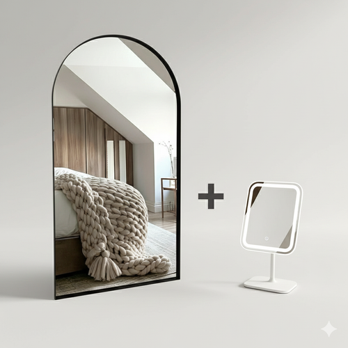 Elegant Arched Floor Mirror in Black Metal Frame