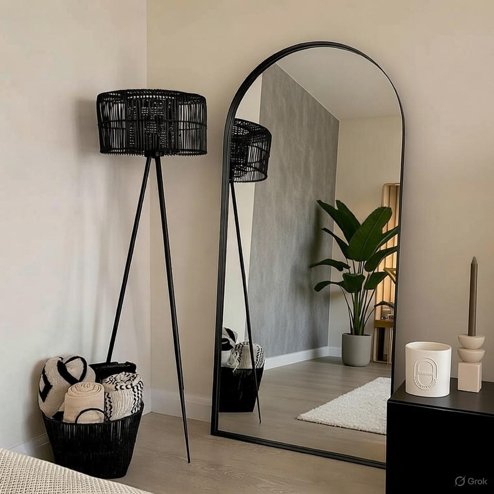 Elegant Arched Floor Mirror in Black Metal Frame