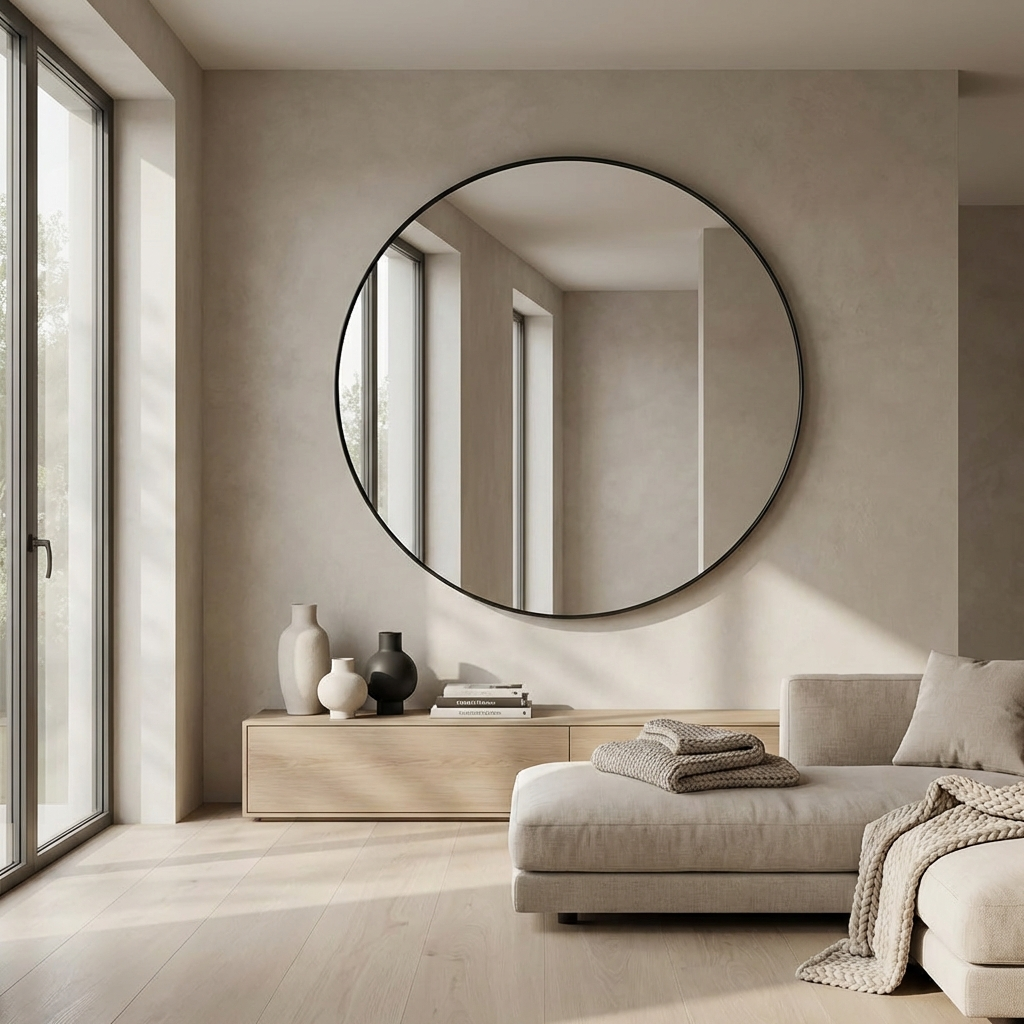 Modern Round Wall Mirror with Black Metal Frame