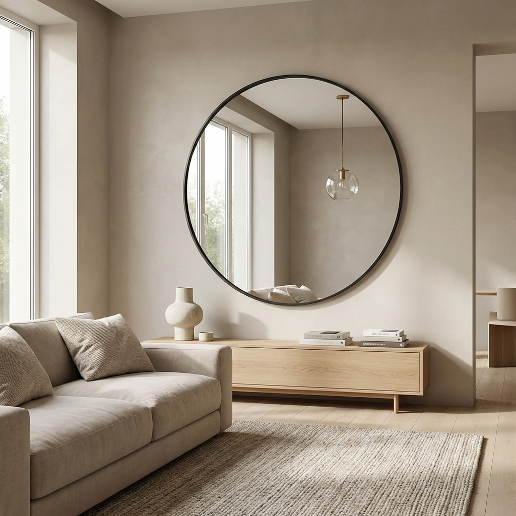 Modern Round Wall Mirror with Black Metal Frame