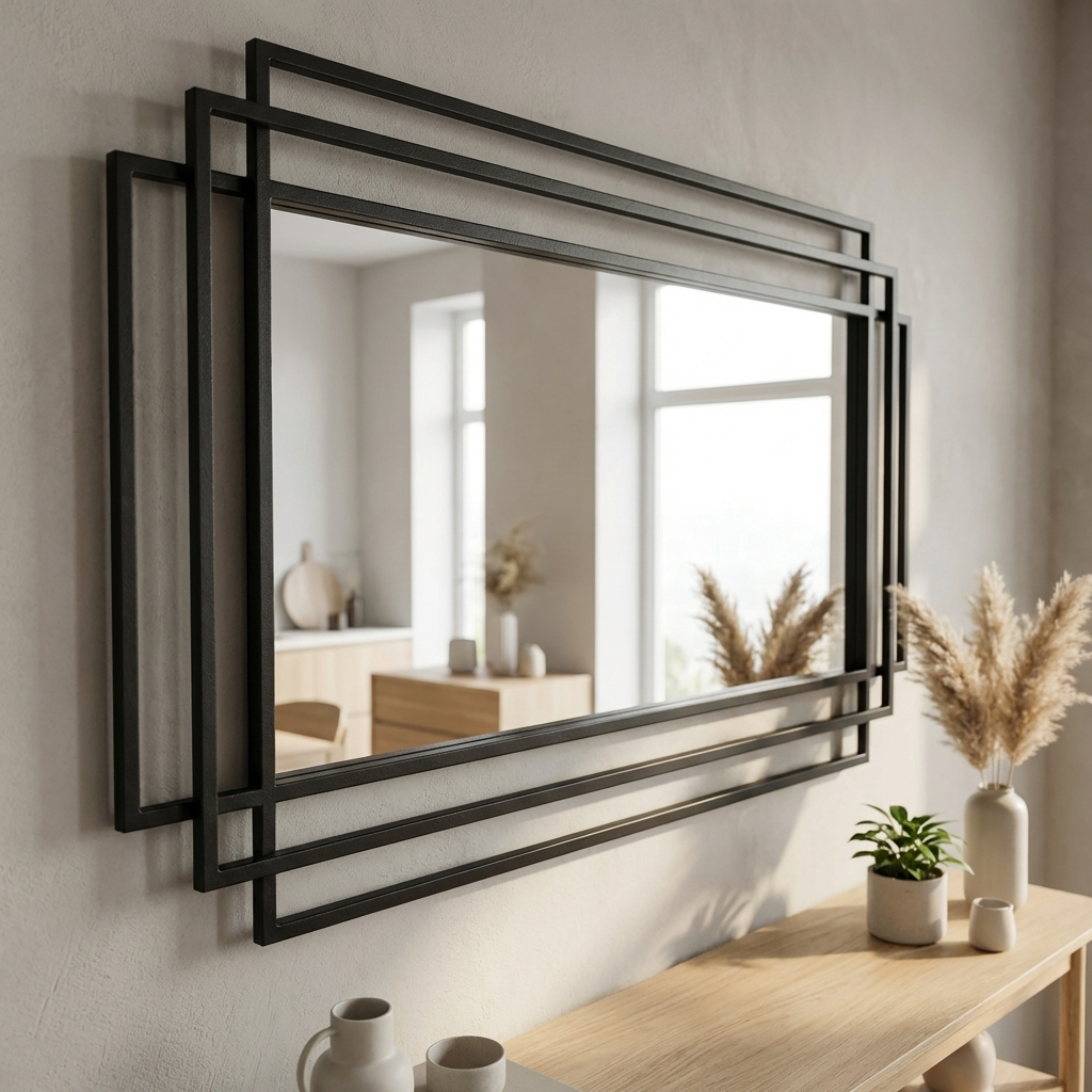 Large Black Metal Rectangular Mirror
