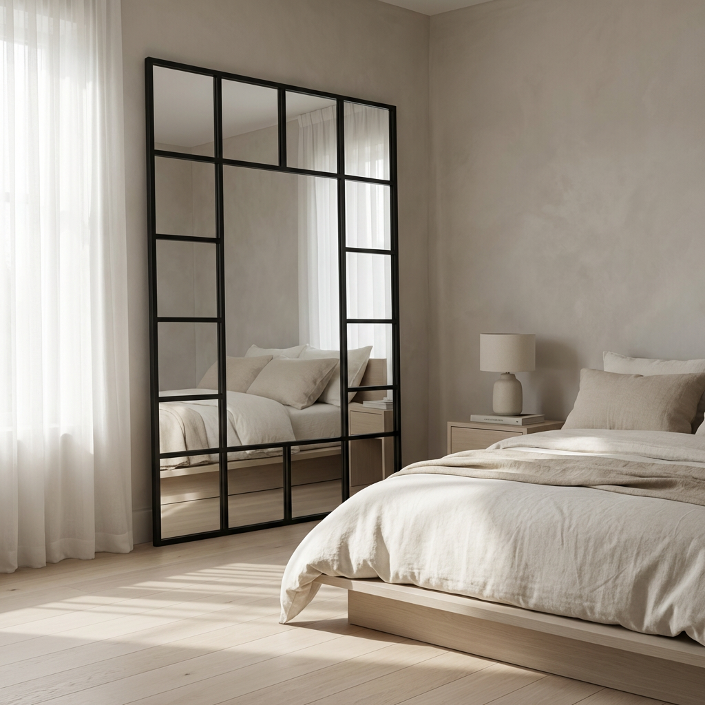 Industrial Full-Length Metal Window Mirror – Black