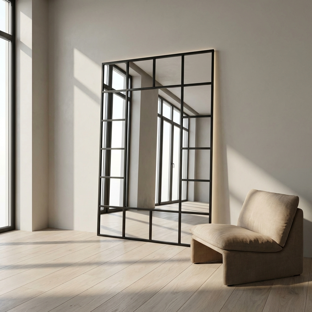 Industrial Full-Length Metal Window Mirror – Black