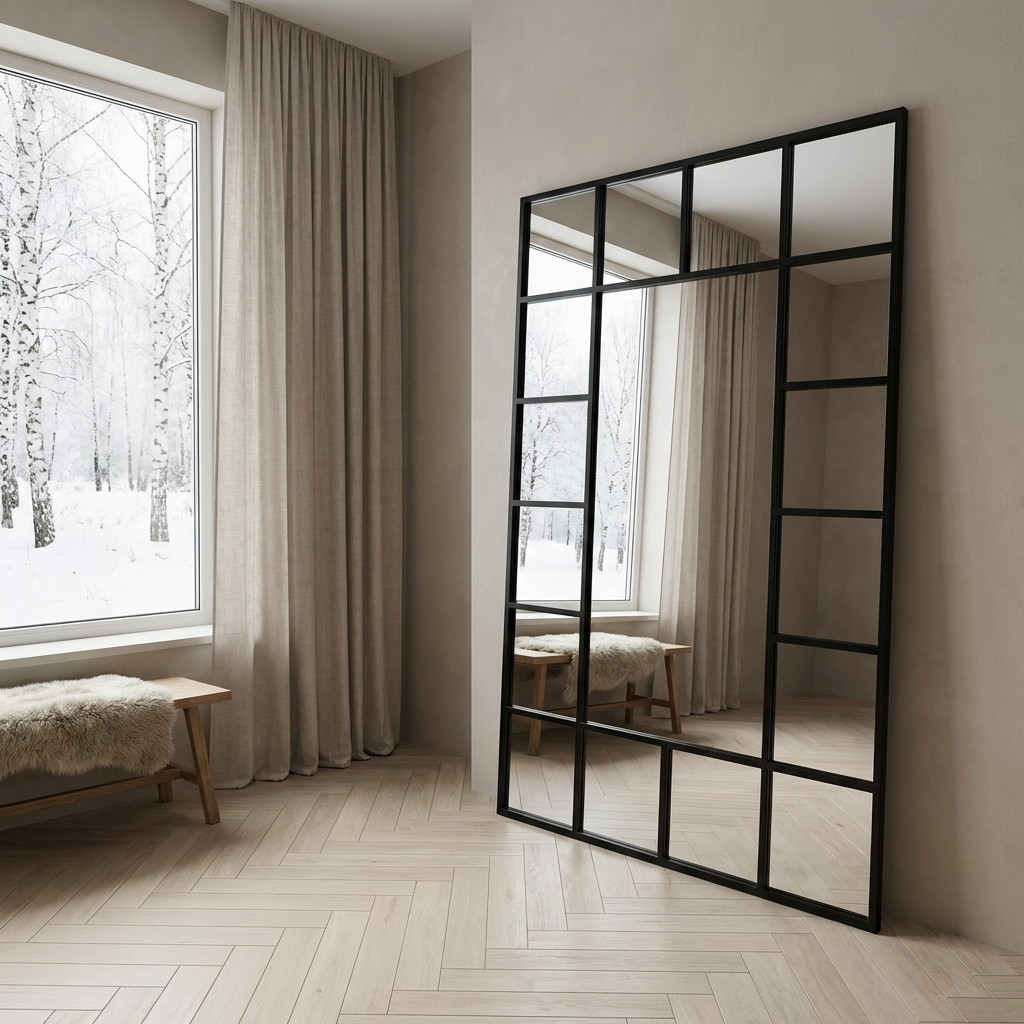 Industrial Full-Length Metal Window Mirror – Black