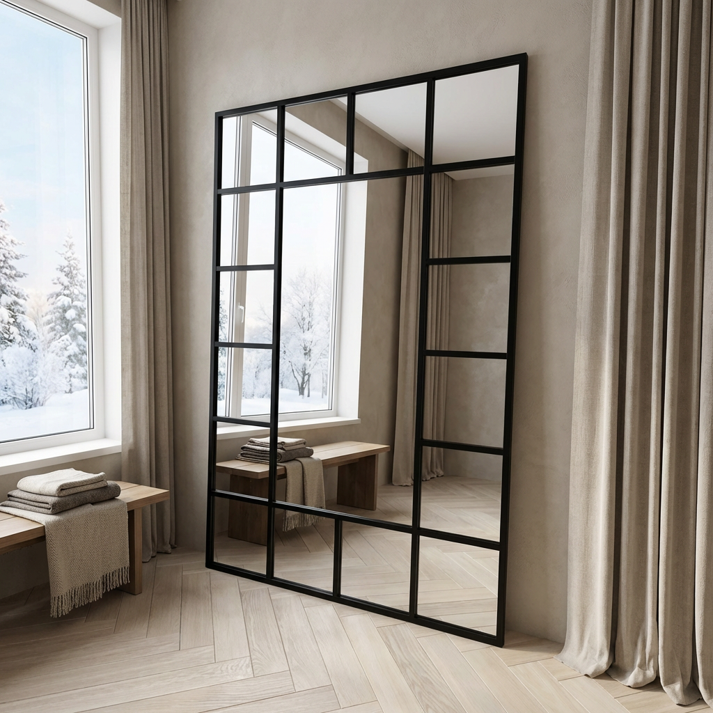 Industrial Full-Length Metal Window Mirror – Black