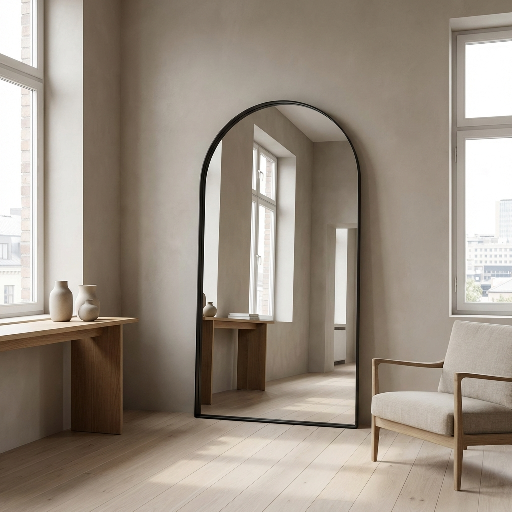 Elegant Arched Floor Mirror in Black Metal Frame