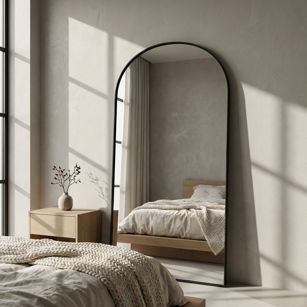 Elegant Arched Floor Mirror in Black Metal Frame