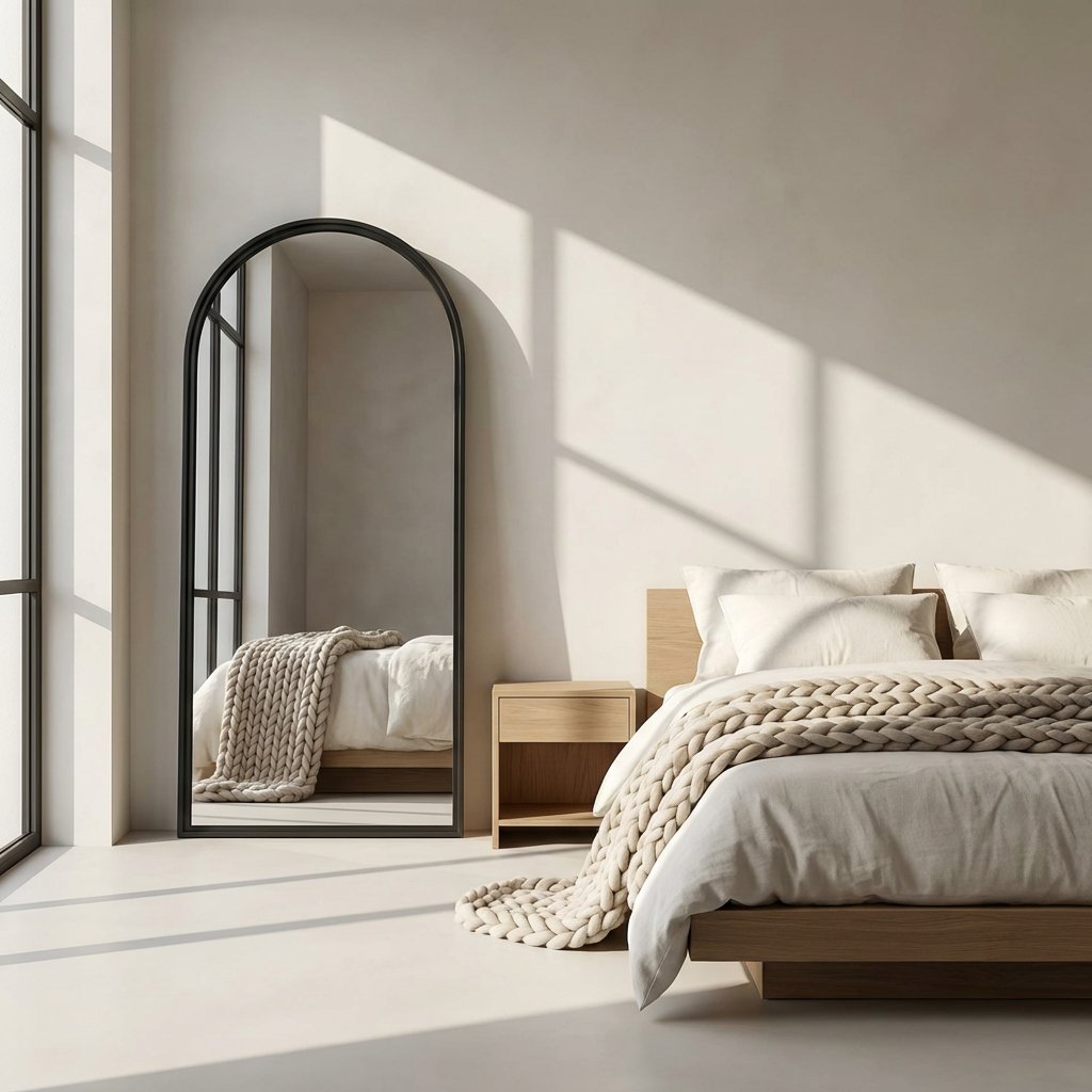 Elegant Arched Floor Mirror in Black Metal Frame