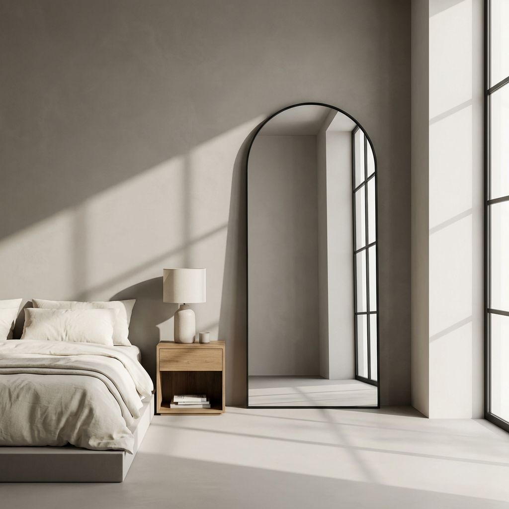 Elegant Arched Floor Mirror in Black Metal Frame